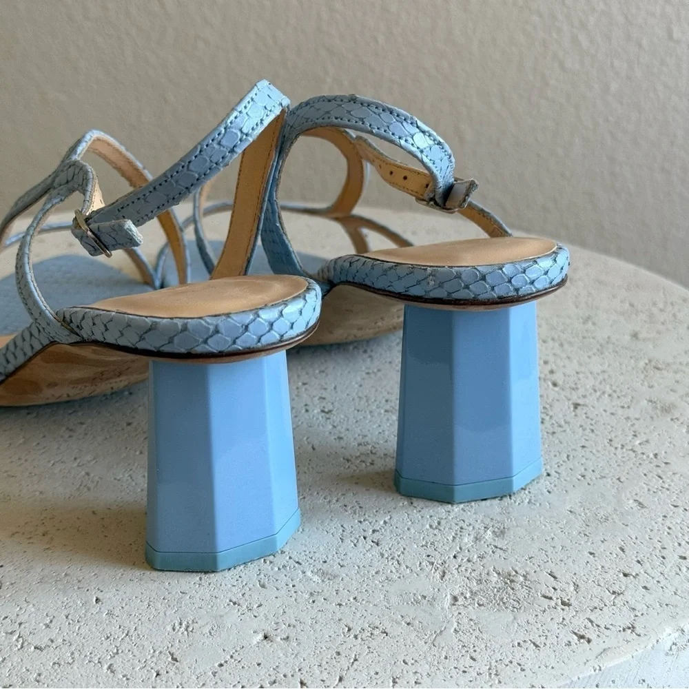 BY FAR Brigette pastel blue leather snake print sandals, size 36.